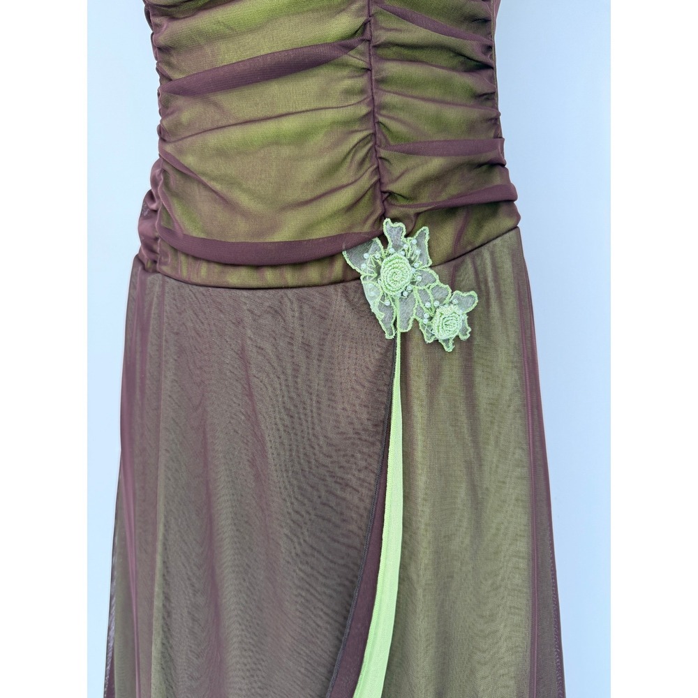 Brown‎ Lime Mesh Hi Low Dress Y2K Fairycore Ruched Asymmetrical Forest Grunge - Picture 3 of 16